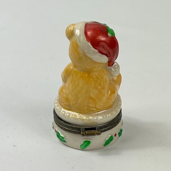 Porcelain Bear Trinket Box Christmas Santa Hat Kitten Holly Hinged Lid Decor - Picture 3 of 9